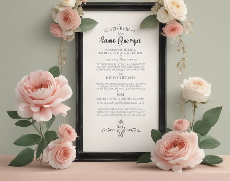 Elegant framed wedding invitation template decorated with soft pink and white roses.