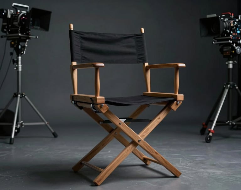 A polished, low-angle shot of a film director's chair in a North American / US production set, surrounded by silhouettes of equipment in a deep charcoal and dark slate gray color palette.