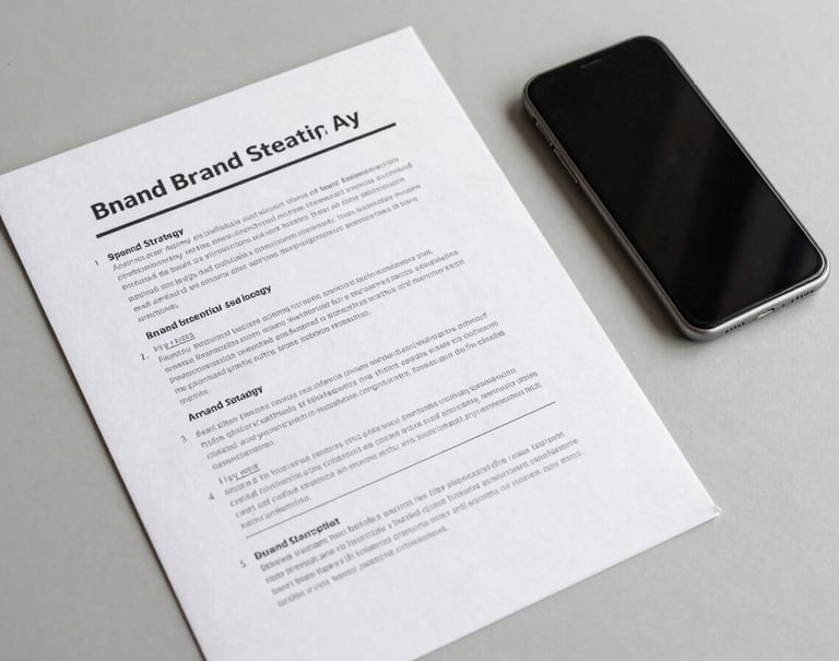 A top-down view of a brand strategy document and a smartphone on a light grey surface, professional North American / US business setting, clean lines and professional atmosphere.