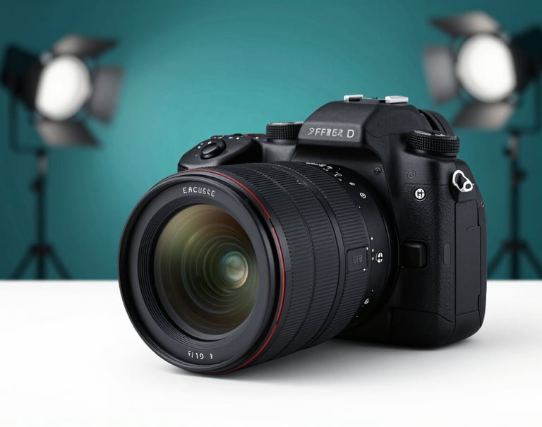 A high-end studio shot of a camera lens capturing a corporate interview set. In the background, professional lighting equipment creates a soft glow. The color palette incorporates deep charcoal (#2F3E46) and teal (#2A9D8F) highlights.