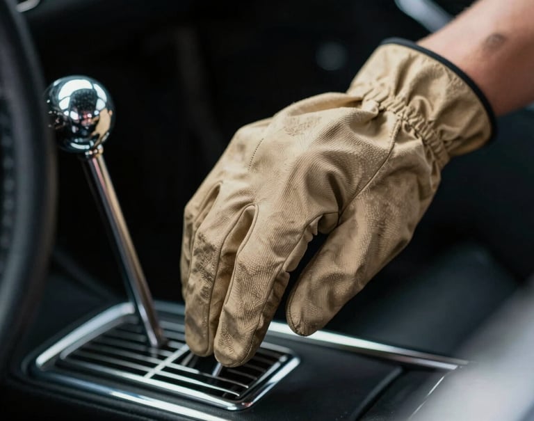 A detailed shot of a hand in a tan driving glove resting on the gated shifter of a 1960s sports car. The lighting is dramatic and focused, emphasizing the chrome and the craftsmanship of the interior.