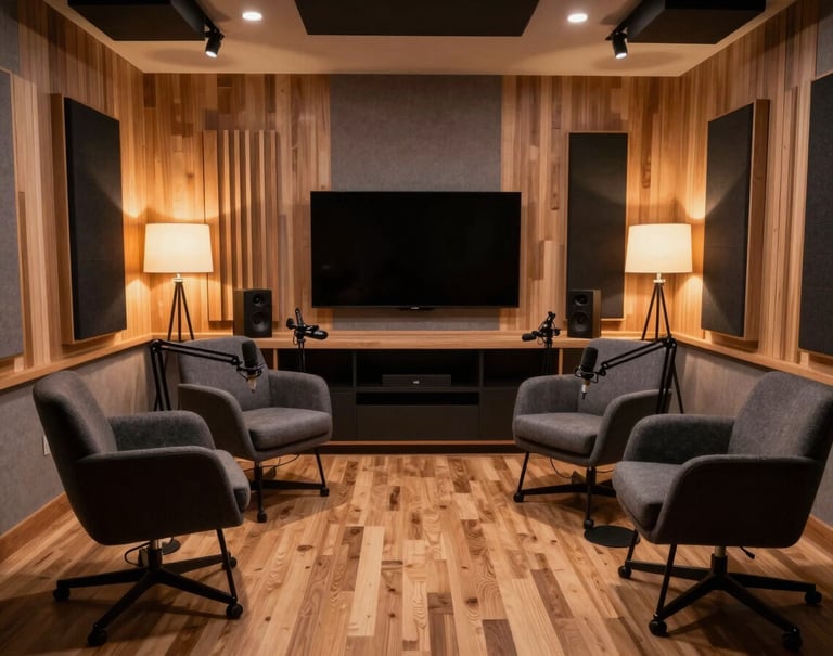 A wide-angle photography shot of a cozy, modern podcasting studio in a North American / US home. Wood-paneled walls, comfortable charcoal-colored chairs, and warm ambient lighting from a designer floor lamp create an inviting, intellectual mood.