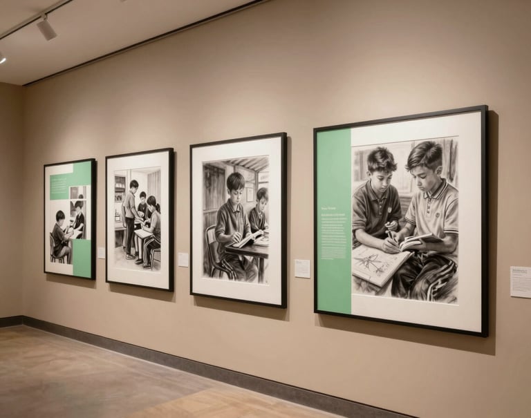 A high-quality gallery photograph of a completed student artwork featuring charcoal and sage green accents, displayed on a clean tan wall under professional gallery lighting in a North American school.