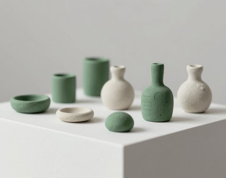 A series of small, collectible research-driven objects made from recycled clay, displayed on a clean white plinth. Sophisticated studio lighting with gentle shadows. Colors include #5B7B71 and #F1F4F2.