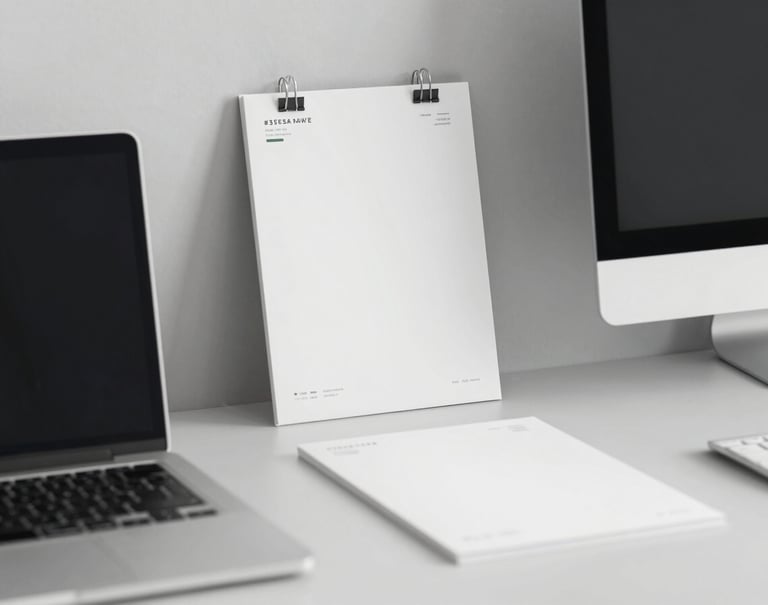 A minimalist studio shot of branded stationery and digital devices arranged neatly on a desk. The mood is calm and professional, incorporating the brand colors #3F5E5C and #F0F4F4 in the objects.