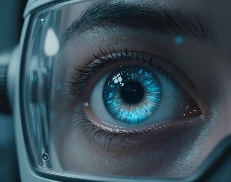 Abstract photography of a character's cybernetic eye glowing with a soft blue light, reflected in the glass of a North American / US laboratory setting, deep obsidian atmosphere.