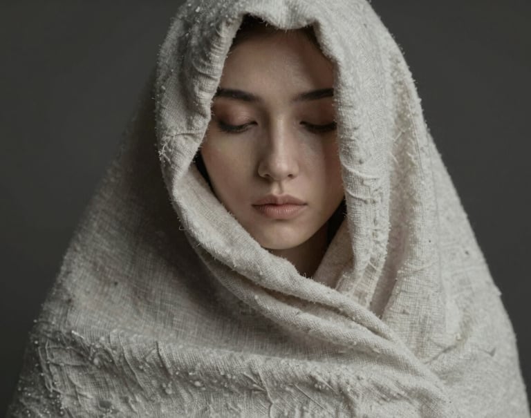 A vertical shot of a person wrapped in a light linen cloth, only parts of the face visible in the shadows, artistic fine art portraiture, mood of mystery and elegance, palette includes #1F1E1C and #8F8C8A.