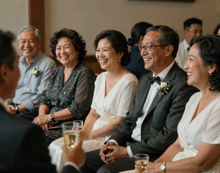 A candid moment of a multi-generational North American / US family laughing together during a wedding toast. The atmosphere is warm and cinematic, featuring charcoal and soft white clothing tones.