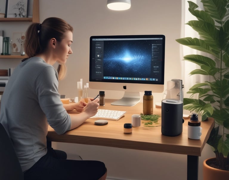 A friendly person browsing health products on a laptop with supplements and fitness gear nearby.