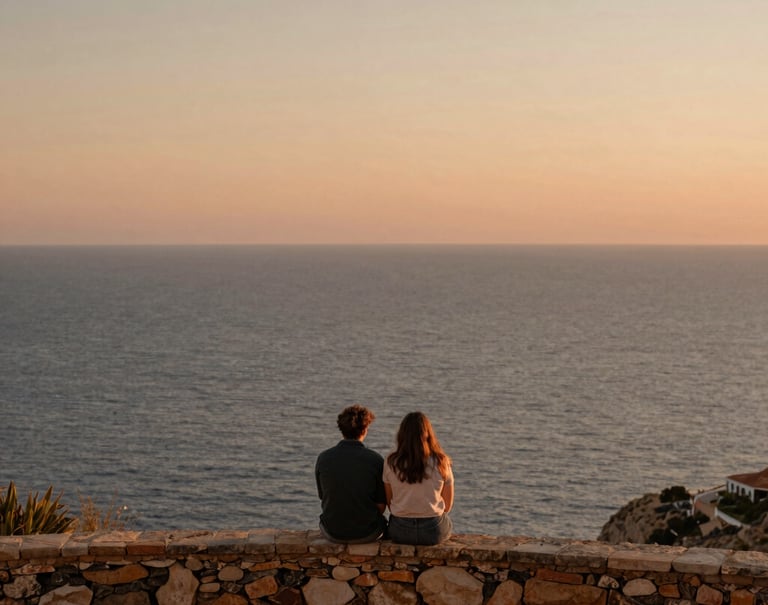A wide, cinematic landscape photograph of a couple sitting on a rustic stone ledge overlooking the sea in Spain / Southern Europe. Soft evening light casting gentle orange, sand, and terracotta tones over the entire landscape. Peaceful, nostalgic, authentic photography.