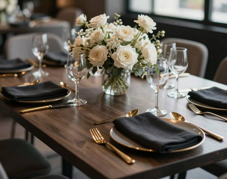 A sophisticated lifestyle shot of a wedding table setting in a modern Turkish / Istanbul venue. Features deep charcoal black napkins, metallic gold cutlery, and soft off-white floral centerpieces. Luxurious and sharp focus.