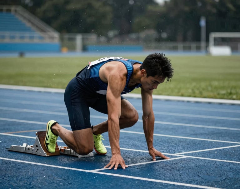 A sprinter at the starting blocks on a rainy track, high-speed photography capturing individual water droplets, dramatic lighting, steel blue atmosphere with charcoal black textures, Western / International stadium setting.
