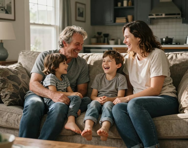 An authentic, candid photograph of a family of three laughing together on a Soft Sand colored sofa. The setting is a cozy North American / US suburban home with Charcoal accents in the decor. Sun-drenched lighting fills the frame, giving the image a cinematic and heart-warming feel.