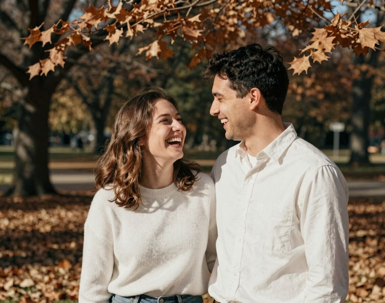 A candid, emotional portrait of a couple in a North American park during autumn. Natural sunlight filtering through bronze-colored leaves, cinematic film grain, focus on genuine laughter and connection. Soft white and tan tones dominate.