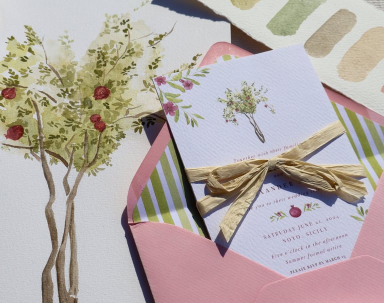 close up of wedding invitation inside envelope with original pomegranate tree artwork in the back