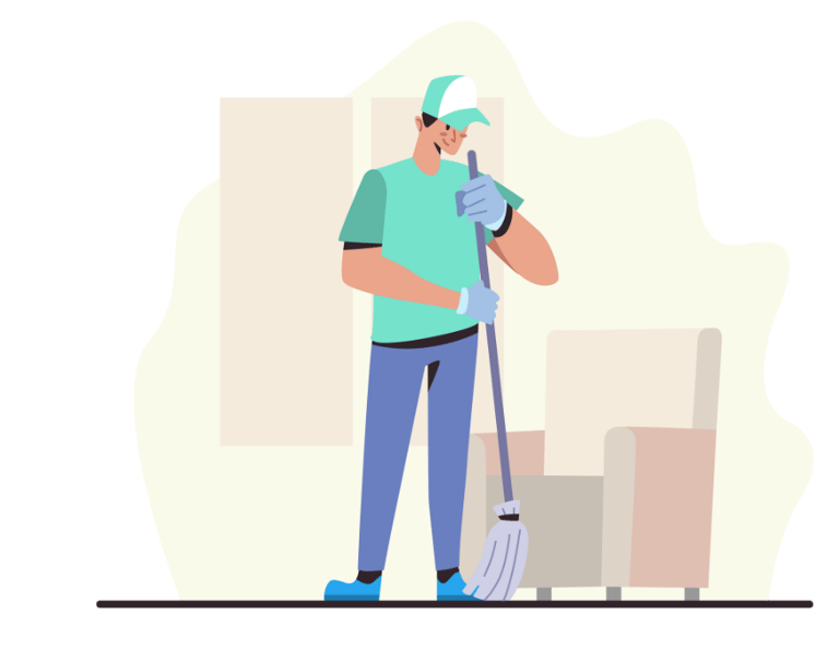 a man in a green shirt is holding a broom and a broom