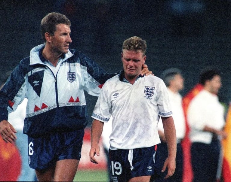 English midfielder Paul Gascoigne in tears after receiving a yellow card in the 1990 World Cup 