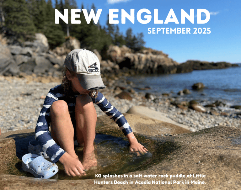 A young girl plays in a puddle on a rock by the ocean coast