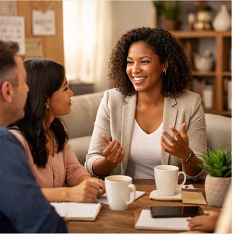 Smiling advisor consulting a couple during an informal business meeting at a home office.