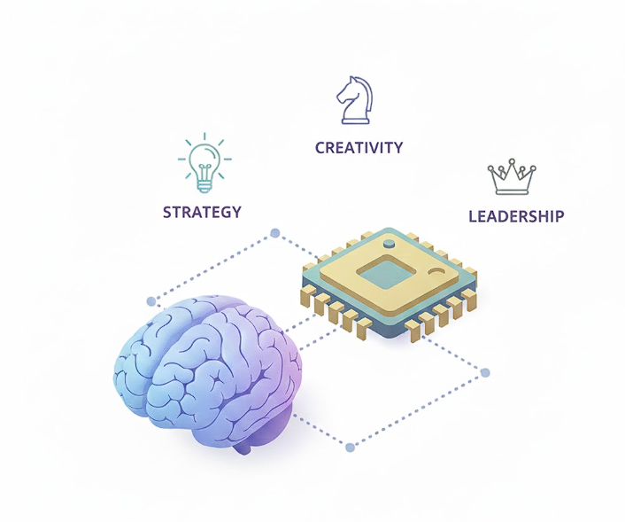 A minimalist 3D isometric illustration showing a human brain and a microchip connecting. Icons aroun