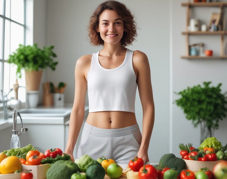 A person happily preparing a healthy, colorful meal in their kitchen.