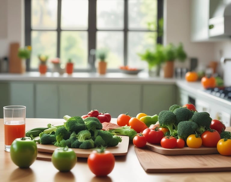 Close-up of fresh fruits and vegetables arranged on a wooden table.