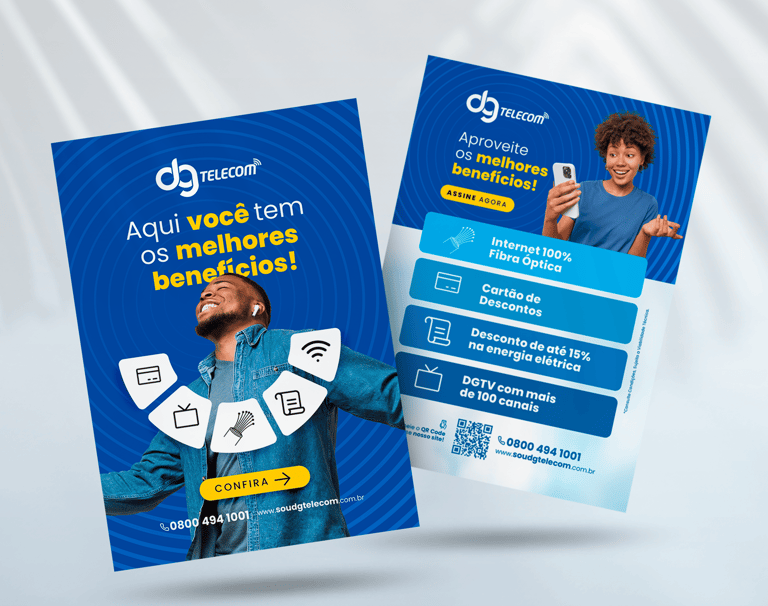 O mockup de um panfleto da empresa DG Telecom