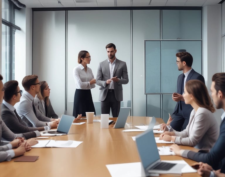 A diverse team of consultants working collaboratively in a modern office.