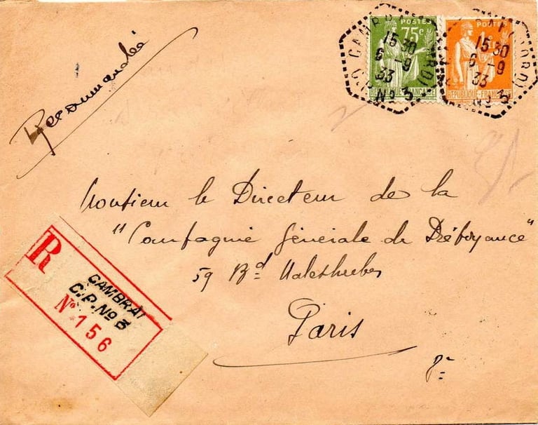 Einschreiben bis 20 g von SERANVILLERS (CP Nr. 3) nach PARIS, frankiert mit 1,75 Fr