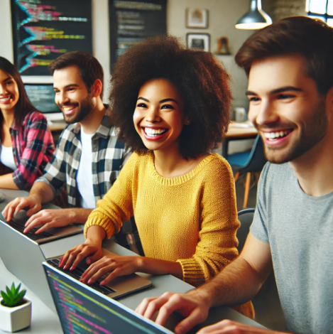 a group of people sitting at a table with laptops