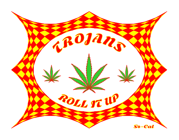 Trojans Roll It Up logo featuring marijuana leaves and a red and yellow checkered pattern.