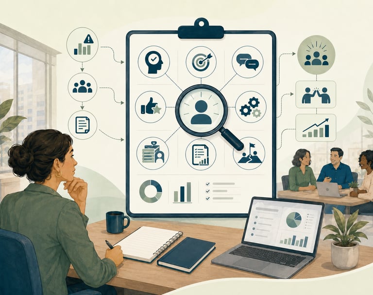 Business manager analyzing employee performance metrics and team collaboration data on a large digital clipboard.