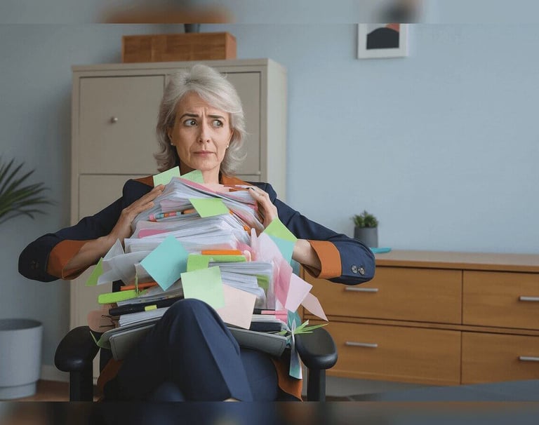 Anxious woman buried under a chaotic pile of papers and sticky notes in her office chair.