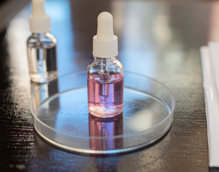 a small bottle of liquid in a glass plate