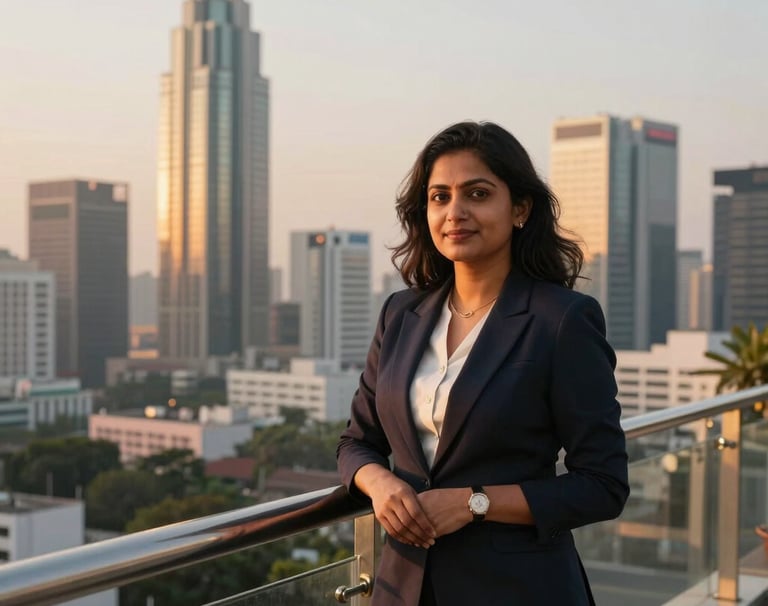 A South Asian female entrepreneur standing confidently on a high-floor balcony overlooking the vibrant business skyline of Bengaluru, sunset lighting casting a golden glow, professional attire.