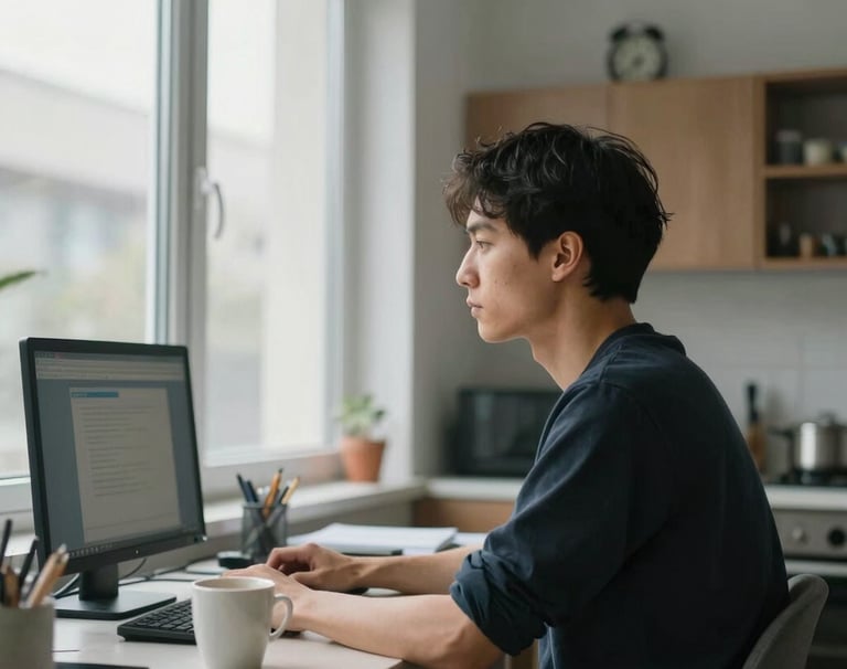 A cozy workspace with a laptop, notebook, and a cup of coffee, inviting creativity.