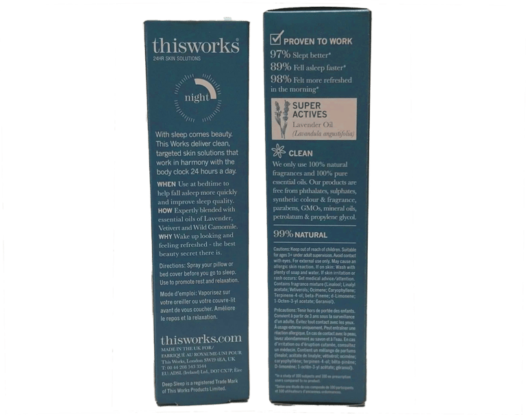 This Works Deep Sleep box back label with usage directions, lavender oil, 99% natural formula