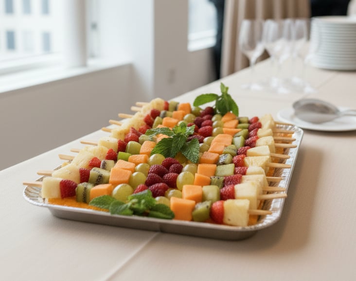 a tray of fruit on a table with a tray of fruit