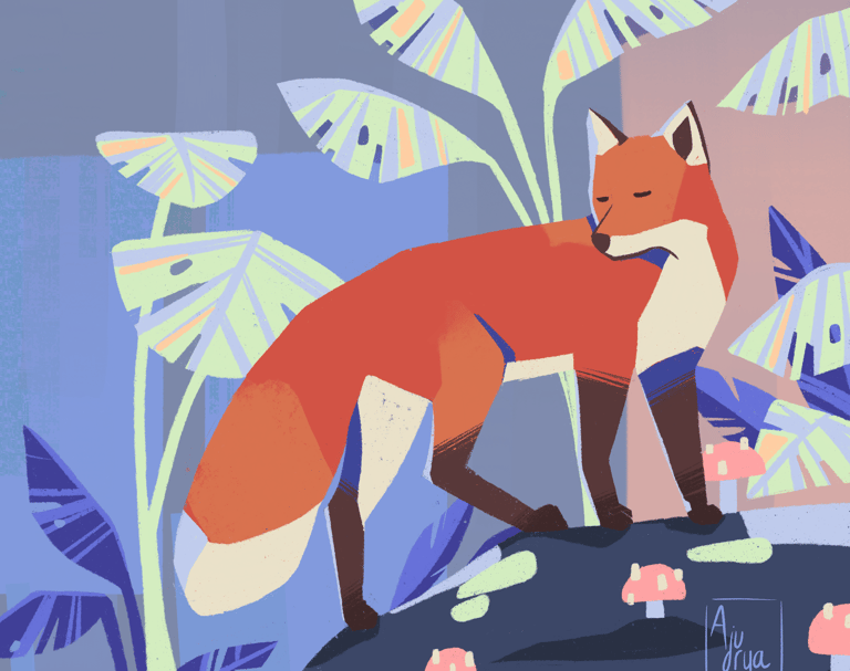 illustration renard colorée avec des palmiers 