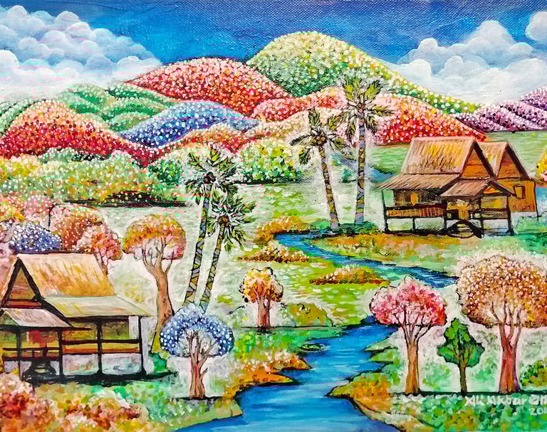 Malaysian naive painter Ali Akbar Othman. Paintings are mainly of the olden days landscape depicting traditional houses.