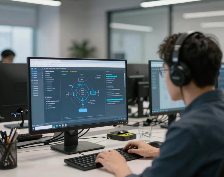 A creative workspace with a laptop displaying code, sketches of website layouts, and AI diagrams.