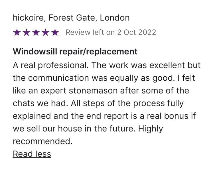 Five-star customer review for windowsill repair and replacement by a stonemason in Forest Gate, London.