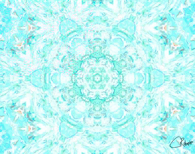 Digital image of an abstract kaleidoscope pattern in white and limes. 