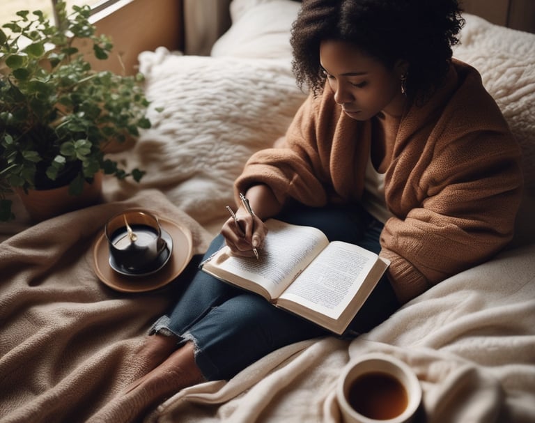 Christian woman journaling with Bible and coffee symbolising peace, surrender and trusting God