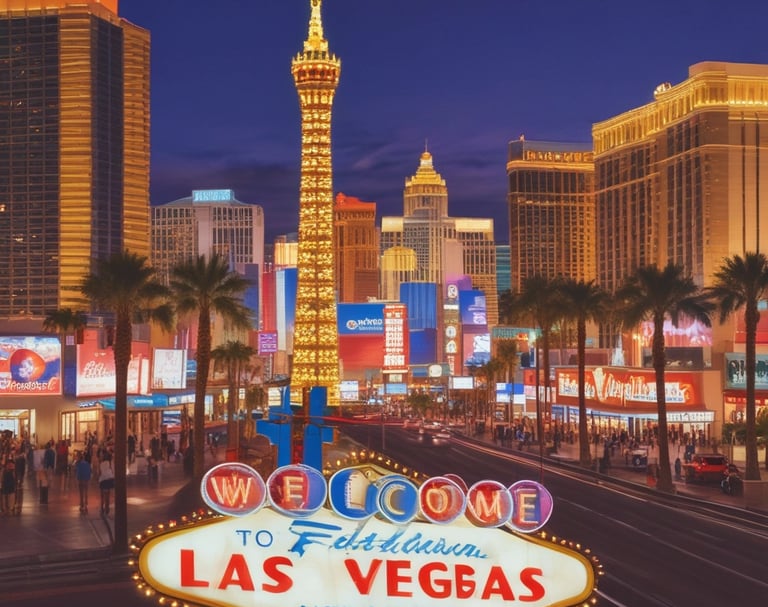 A small business storefront in Las Vegas with a glowing sign showing 'AI Powered Support'.