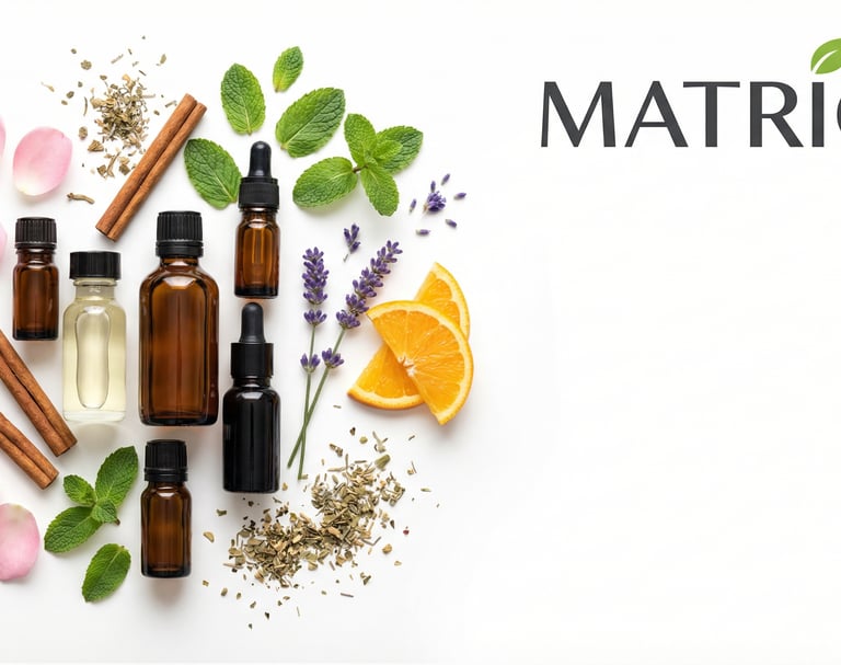 Matrioz essential oil bottles surrounded by organic lavender, mint, cinnamon, and citrus ingredients.