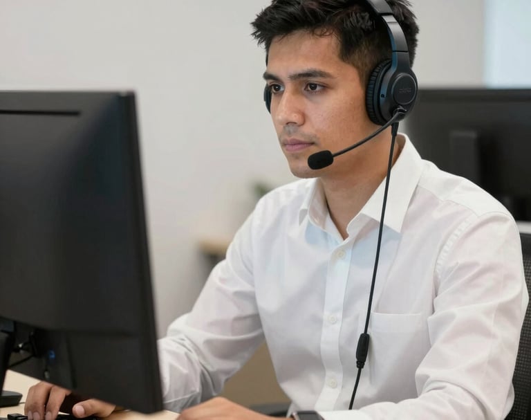 A friendly customer service representative answering a call in a bright office with solar panels visible outside the window