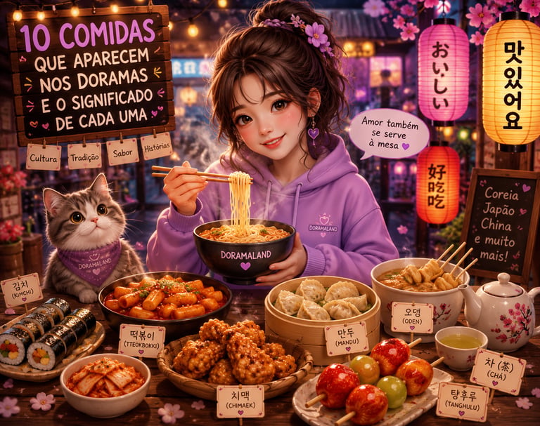 Anime girl eating ramen noodles surrounded by Korean street food like kimbap, tteokbokki, and fried chicken.
