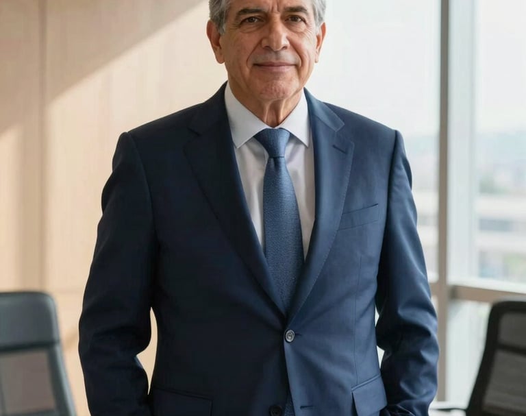 Portrait of a senior Colombian attorney in a modern, sunlit office, looking confident, warm natural light, deep blue tones, 35mm