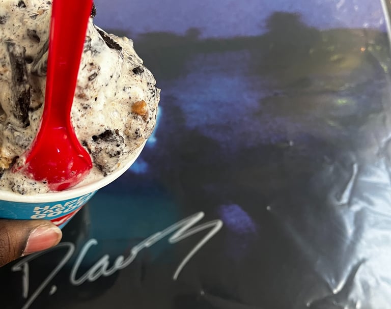 ice cream next to a record